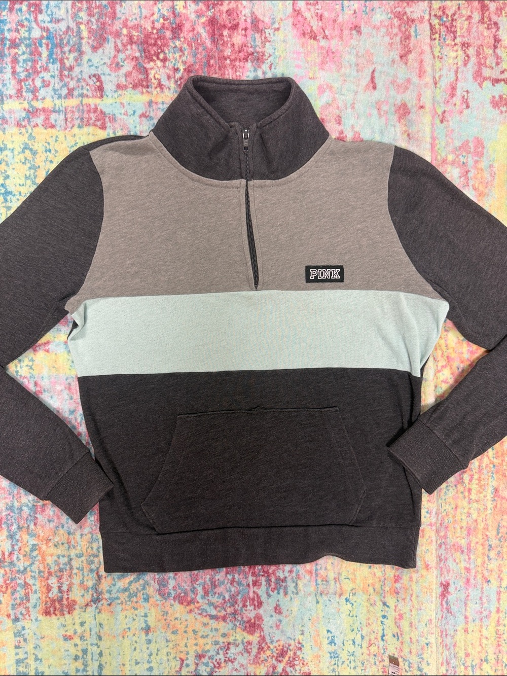 PINK Victoria's Secret Three-Tone Half-Zip Pullover - Charcoal, Light Gray, Mint
